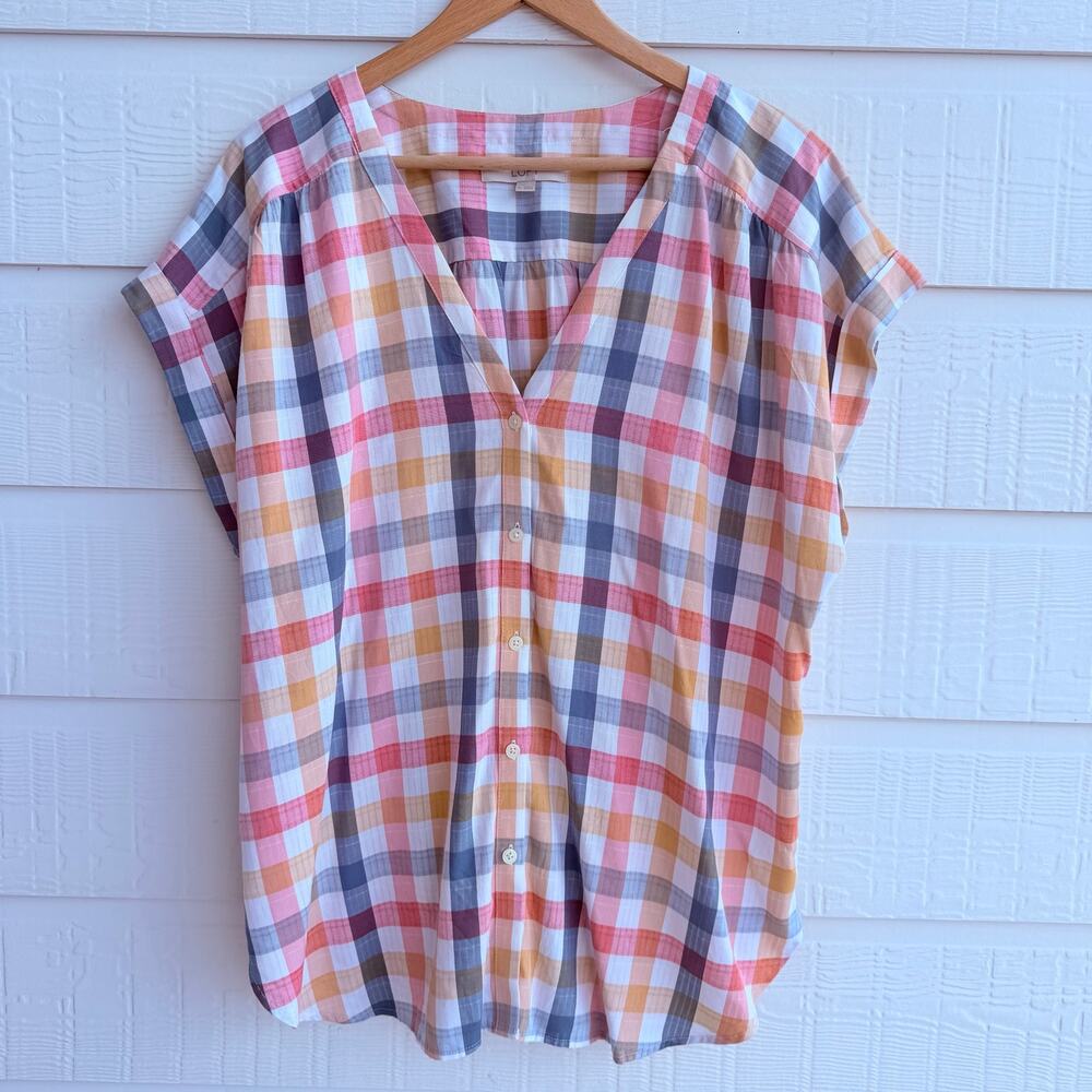 LOFT XL Plaid Oversized Camp Shirt V Neck Button Front Rayon